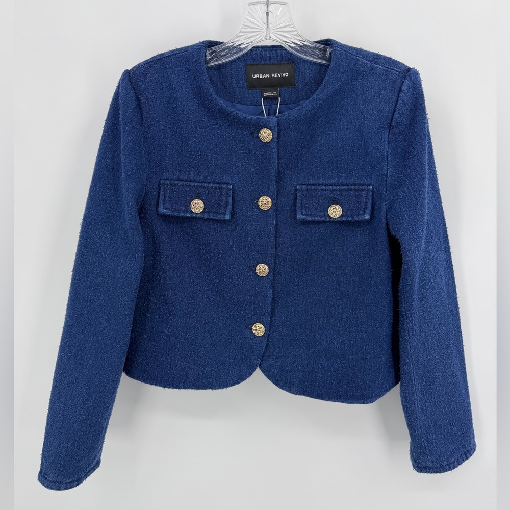 Urban Revivo NWT Denim Tweed Jacket Blazer Cotton Blend Blue Size M, 6